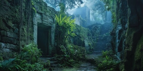 A mysterious ancient temple overgrown with lush jungle vegetation, bathed in misty blue light, evoking a sense of adventure and discovery