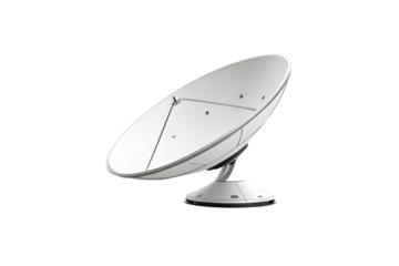 A modern satellite dish with a streamlined base, tilted slightly upward, designed for precise signal reception, isolated on a transparent background