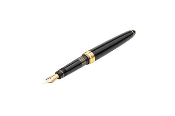 Naklejka premium A sleek black fountain pen with gold accents. Its polished body and intricate nib design exude timeless sophistication, elegance, and refined writing craftsmanship, isolated on transparent background