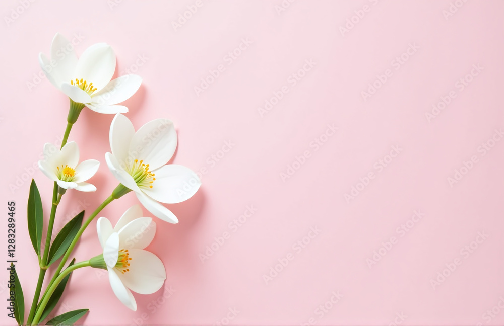 Poster white flowers adorn a soft pastel pink background in a simple flat lay composition perfect for any s