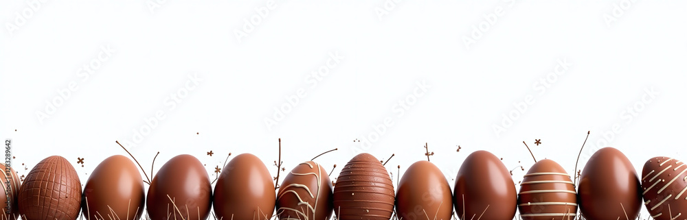 Poster White Background Isolates Bottom Border Row Of Easter Chocolate Egg In A Standalone Image Perfect For A Web Banner Or Graphic. 00002