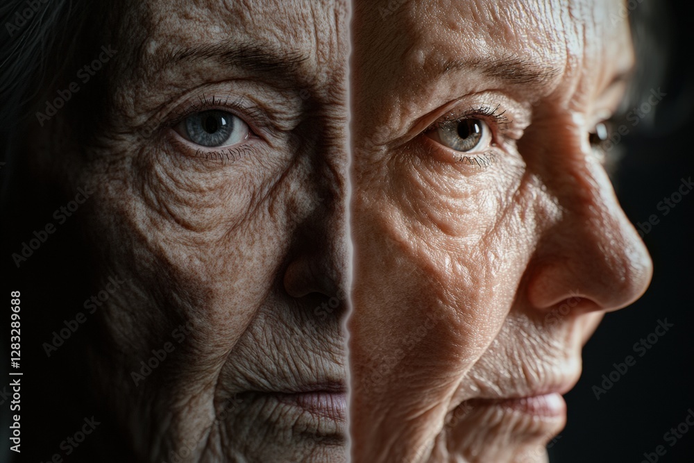 Poster transformation from age to youth captured in a split depiction of facial features and skin texture a