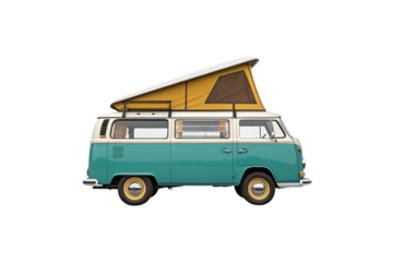 A two-tone camper van with a yellow pop-up roof. The detailed, realistic design showcases vintage charm, adventure-ready spirit, and a touch of wanderlust nostalgia, isolated on transparent background