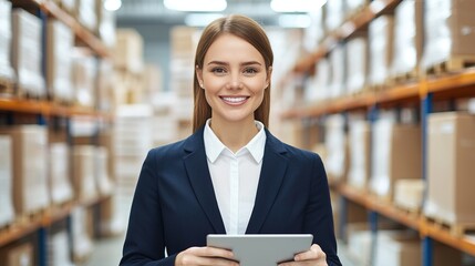 Entrepreneurial skills drive innovation and business success. A smiling woman in business attire stands in a warehouse, holding a tablet, surrounded by shelves of boxes