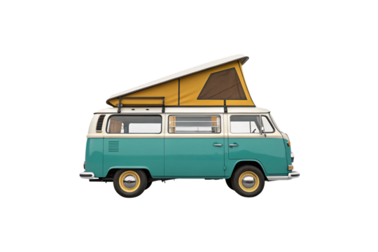 A two-tone camper van with a yellow pop-up roof. The detailed, realistic design showcases vintage charm, adventure-ready spirit, and a touch of wanderlust nostalgia, isolated on transparent background