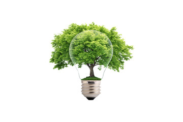 A vibrant tree seamlessly merges with a glass lightbulb, its trunk as the filament, representing eco-friendly energy, creativity, and environmental consciousness, isolated on a transparent background