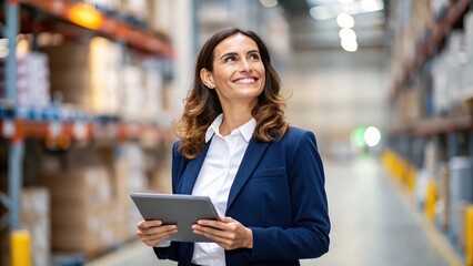 Entrepreneurial skills drive innovation and business success. A confident woman in a suit smiles while holding a tablet in a warehouse, surrounded by shelves stocked with boxes.