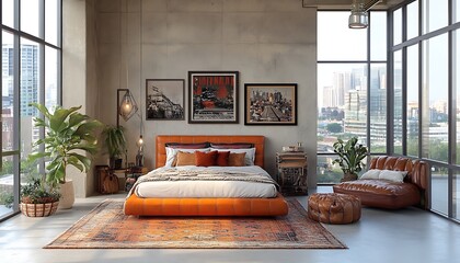 Urban Loft Bedroom with Orange Leather Bed