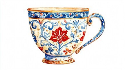 Ornate Vintage Mug, Watercolor Painting for Design