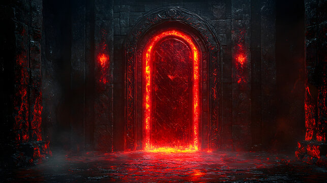 a red door in a dark room with a light coming from it