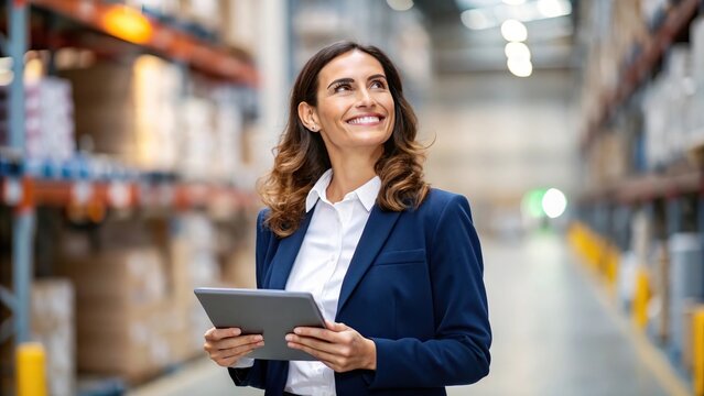 Entrepreneurial skills drive innovation and business success. A confident woman in a suit smiles while holding a tablet in a warehouse, surrounded by shelves stocked with boxes.