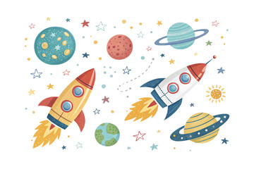 Colorful rockets soar through space, leaving fiery trails. Planets, stars, and a tiny sun surround them, creating a whimsical, childlike vision of cosmic adventure, isolated on transparent background