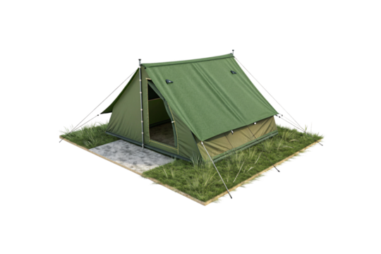 Army-green canvas tent pitched on a patch of grass and gravel, secured with ropes, ready for rugged outdoor camping, isolated on a transparent background - Powered by Adobe