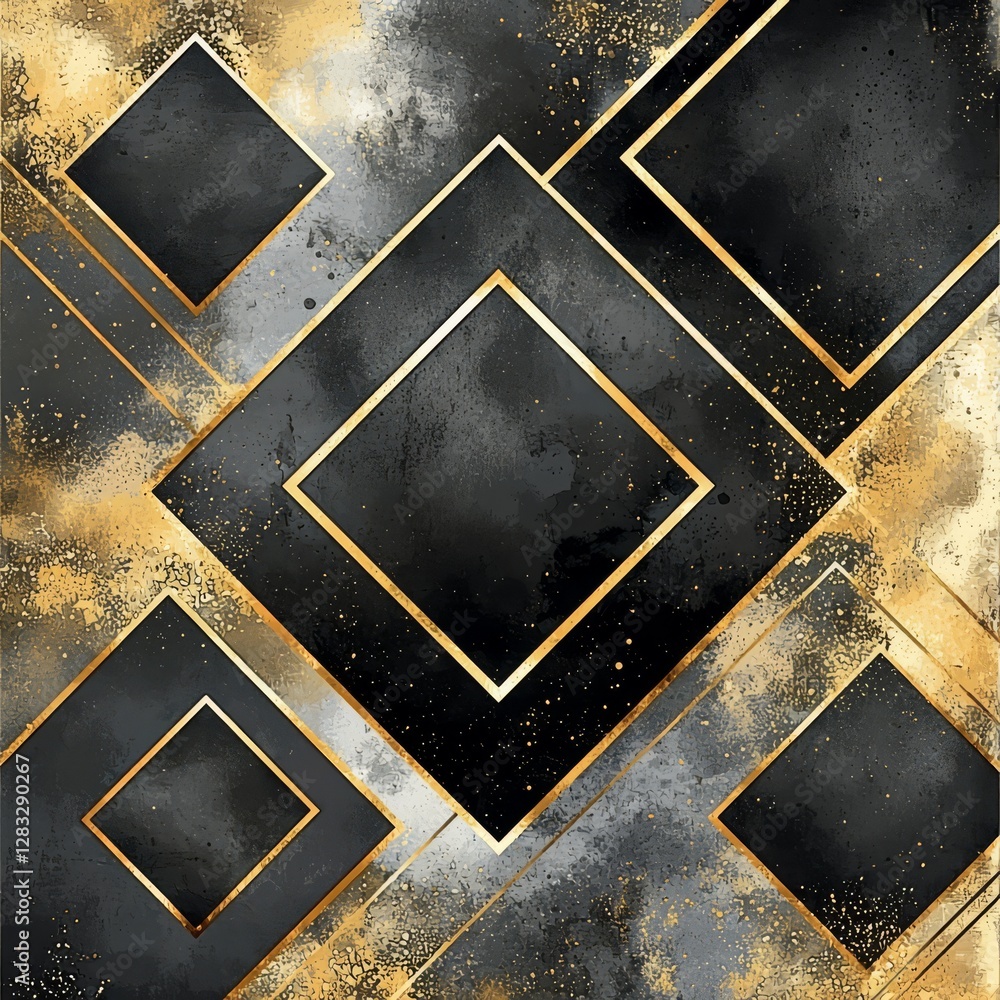 Poster geometric elegance: a captivating geometric design with intersecting black squares and gleaming gold