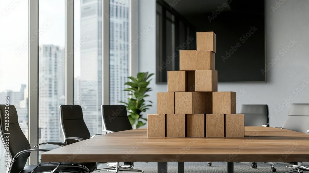 Poster a stack of wooden boxes is on top of a wooden table in a room with a large windo