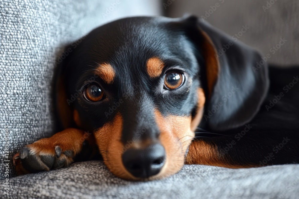 Poster close up view of a black and tan dachshund relaxing comfortably on a soft gray sofa in a cozy living
