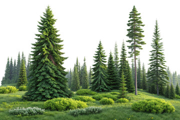 Tall pine trees tower over a vibrant green landscape, filled with lush bushes and wild grasses, evoking a peaceful and untouched wilderness, isolated on a transparent background
