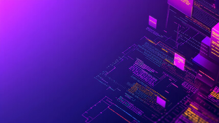 Hackathon isometric landing page. 3d typography with binary code on purple neon colored background. Computer software development, coding, adaptive layout, work with data concept, vector web banner