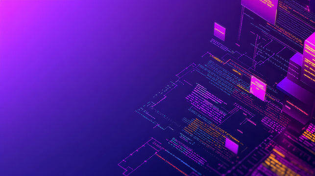 Hackathon isometric landing page. 3d typography with binary code on purple neon colored background. Computer software development, coding, adaptive layout, work with data concept, vector web banner