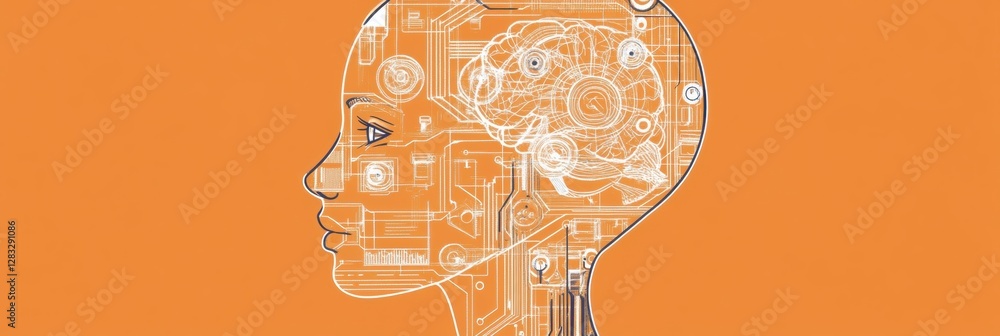 Aufkleber Human head outline with schematic mechanisms depicting elements of artificial intelligence technology. Generative AI