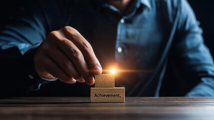 A man is holding a wooden block with the word "achievement" written on it