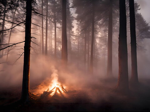 Mesmerizing bonfire in a foggy forest during twilight. - Powered by Adobe