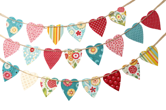 Three rows of heart-shaped fabric bunting. Bright floral and geometric patterns create a festive, vintage-inspired aesthetic, perfect for celebrations, isolated on a transparent background