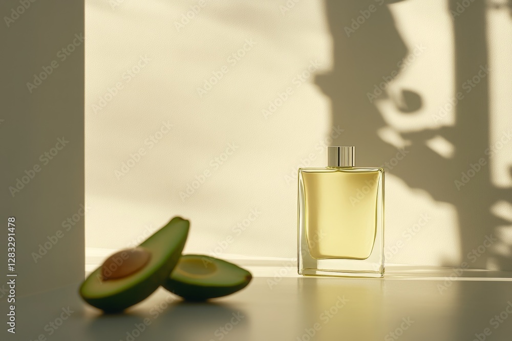 Poster elegant perfume bottle with avocado slices on minimalist table