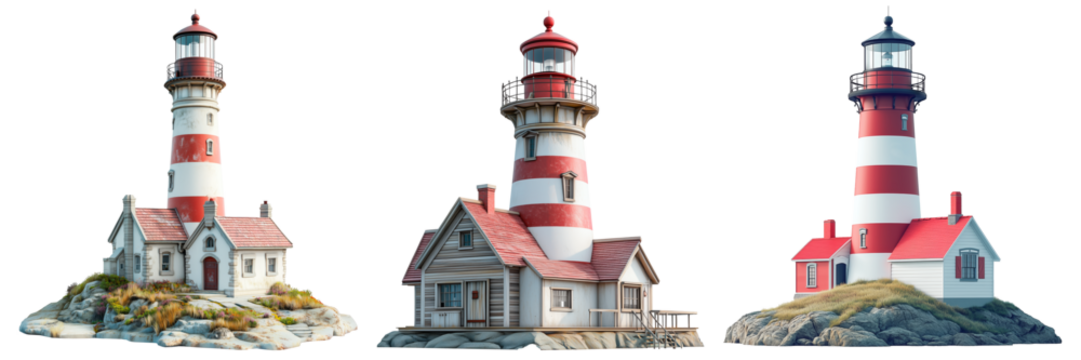 Lighthouses with red and white stripes isolated on a transparent background. Coastal structures with attached houses and rocky bases for nautical and maritime-themed designs.