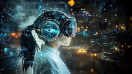 Woman in VR Headset Experiencing Immersive Digital World