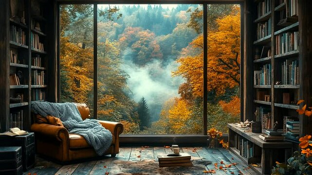 Cozy reading nook with large window overlooking misty autumn forest. Seamless looping 4K time-lapse animation video background