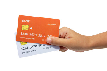 Kid Hand holding two credit card with white and orange color isolated on white background