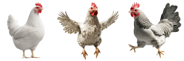 Set of three chickens isolated on a transparent background. White, speckled, and gray hens in different poses, including standing, flapping wings, and walking. Domestic poultry farm birds.