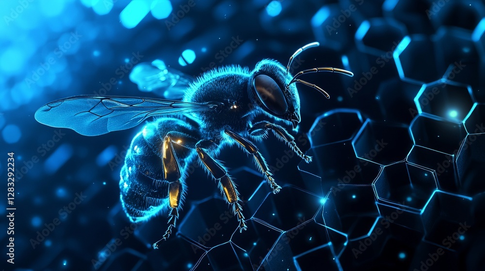 Poster cybernetic bee on hex grid. tech insect with network details.