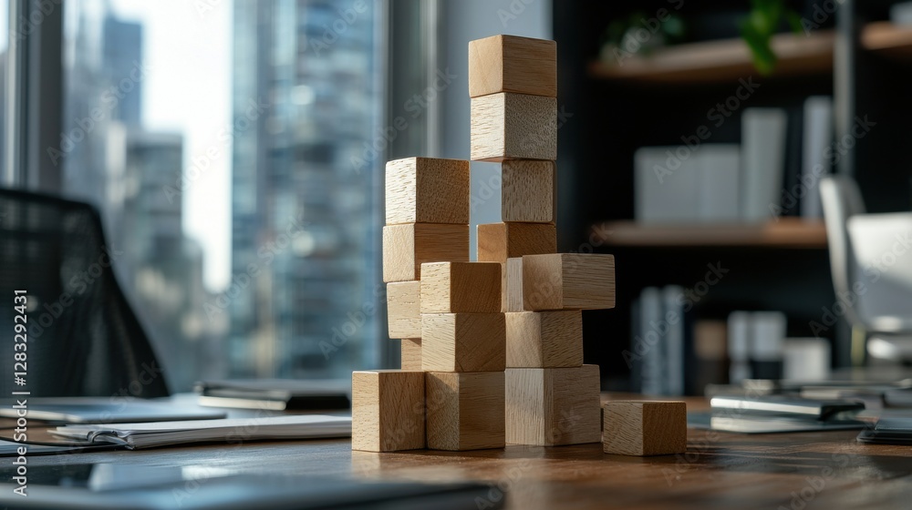 Poster A stack of wooden blocks on a table in front of a window