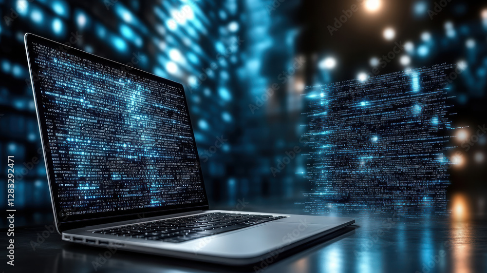 Poster futuristic laptop displaying digital data in tech inspired environment