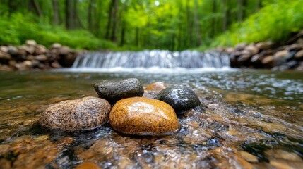 Tranquil Waterfall Cascading Over Rocks in Lush Forest Nature Photography Peaceful Environment Low Angle View