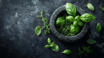 Herbs scattering into a stone mortar, basil and thyme, dark marble background, high-resolution photography, incredibly detailed