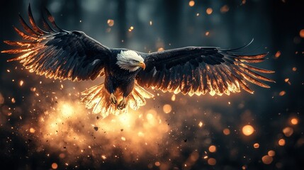 Majestic eagle in flight, fiery explosion, dark forest background