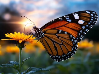 Obraz premium Monarch Butterfly Pollinating Yellow Flower Serene Meadow Nature Photography Warm Light Close-Up Beauty of Nature