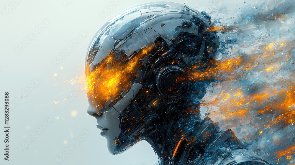 Poster cybernetic artist creates dynamic patterns on canvas with ai-generated brushstrokes merging human cr