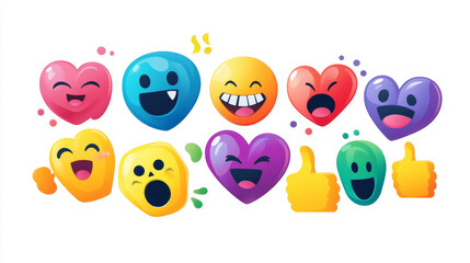 Obraz premium Social media reaction icons set - flowing hearts, flames, thumbs up, happy faces and skull, laughing and scare expressions. Floating cartoon symbols in vertical stream for digital engagement design.