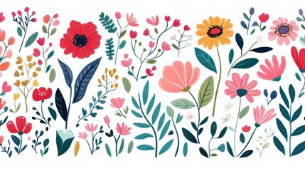 Plant drawing illustration - a vibrant vector illustration of various hand-drawn spring flowers and leaves