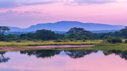 Fototapeta premium Serene landscape with a crystal-clear lake reflecting a mountain range at sunset, surrounded by a lush forest