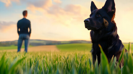 A loyal black dog sits with its owner, enjoying a peaceful sunset over a green field