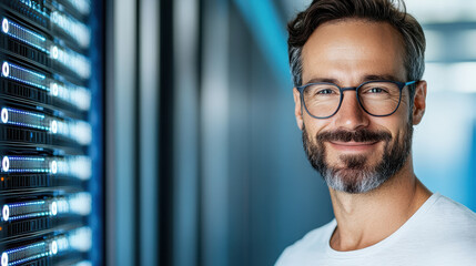network engineer smiling in data center with servers