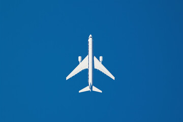 Fototapeta premium Soaring Above: A sleek, modern airplane gracefully glides through the clear, azure expanse, symbolizing travel and exploration. Capturing the feeling of freedom, travel, and adventure.