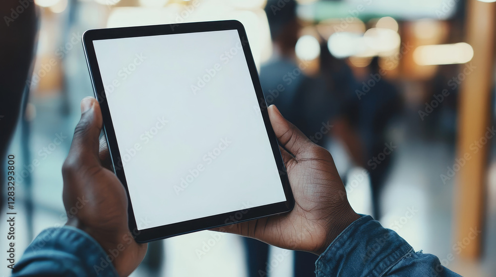 Poster man hands with tablet computer with empty white screen. african american person hands hold and use d