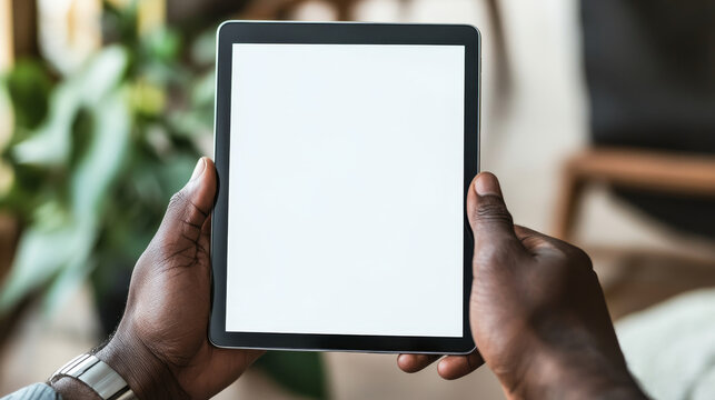 Man hands with tablet computer with empty white screen. African american person hands hold and use digital device, smart gadget with blank touchscreen, 3d render illustration. 3D Illustration
