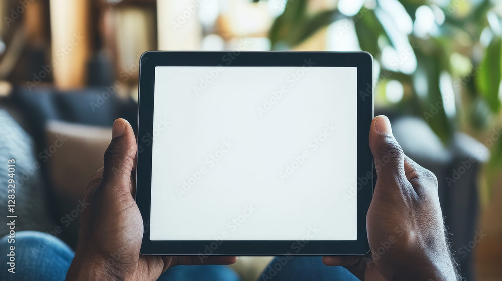 Poster man hands with tablet computer with empty white screen. african american person hands hold and use d